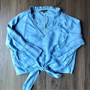 For Cynthia Linen Tie Front Blouse Size L Baby Blue Bell Sleeve Euro Summer